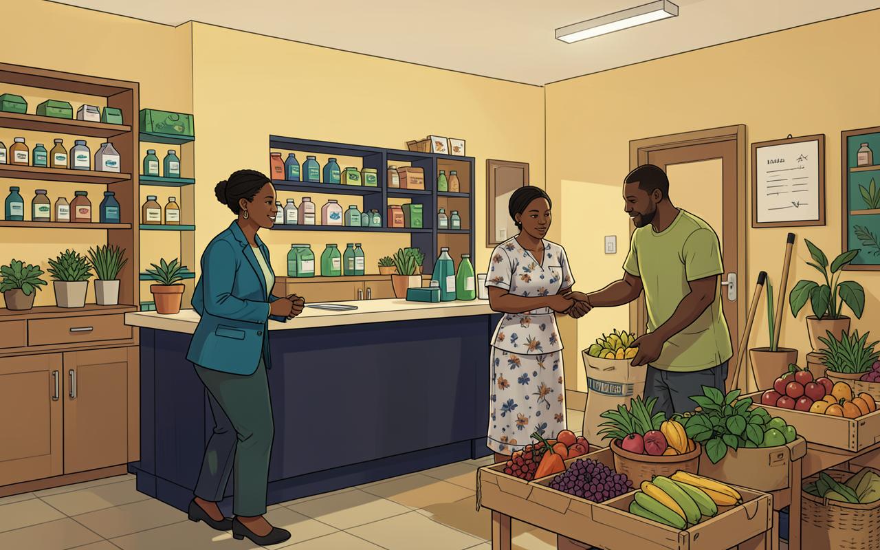 A pharmacy assistant organising stock and serving people accurately. This illustrative team reflects the people and communities of Ghana.