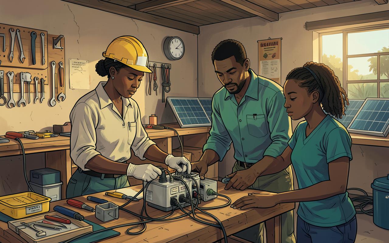 A solar technician preparing and installing a rooftop energy system. This illustrative team reflects the people and communities of Ghana.